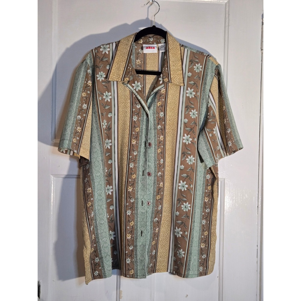 Alia Vintage Floral Stripe Button Up Shirt Tan Green Brown 16W 514-65619